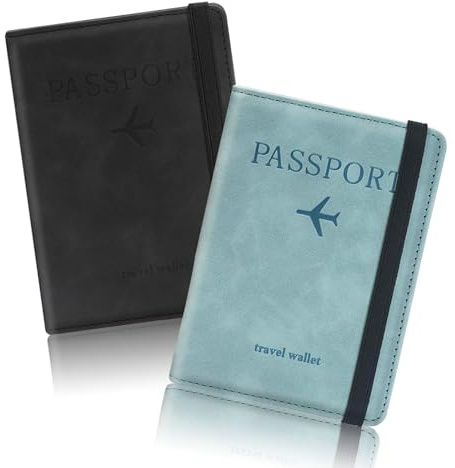 kinoco RFID Blocking Passport Holder Wallet (2 Pack) - PU Leather Travel Document Organizer with Card Slots | Men & Women Travel Accessories | Black & Blue Set