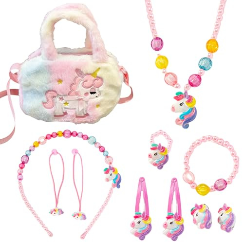 AYNKH Set de Bijoux pour Filles, Collier Licorne, Boucles d'Oreilles, Bracelet, Pinces à Cheveux, Anneaux, Accessoires pour Cheveux, Cadeaux pour Filles, Enfants, Fêtes d'Anniversaire, 2-8 Ans