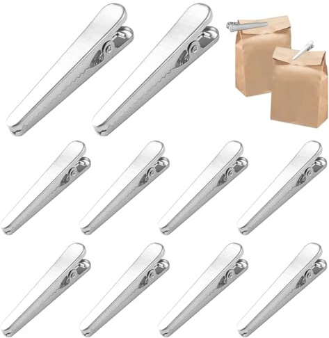 10 Pezzi Clip di Tenuta in Acciaio Inossidabile, 2 Misure Metallo Clip per Sacchetto Pane da 8 cm e 11,5 cm, Clip per Chiudere Sacchetti in Cucina, per Cibo, Caffè, Pane, Snack Bags (Argenteo)