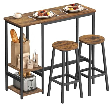 VASAGLE Tavolo con 2 Sgabelli da Cucina, Set da Pranzo, con Ripiani, Soggiorno Cucina, Struttura in Acciaio, Facile da Montare, Marrone Vintage e Nero Inchiostro LBT220KD01