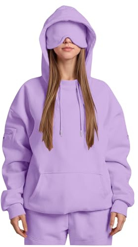 Women's Hoodie with Eye Mask Built In Ladies Comfrt Soft Airplane Mode Travel Hidden Pockets Sweatshirt Plain Pullover Tops Wearable Blanket Adults Men Gym Athletic Running Sportswear S M L XL 2XL 3XL