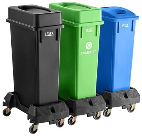 Glownary 69 Gallon Mobile Recycling Station, 3-Stream Waste Separation System with Dollies, Black/Blue/Green