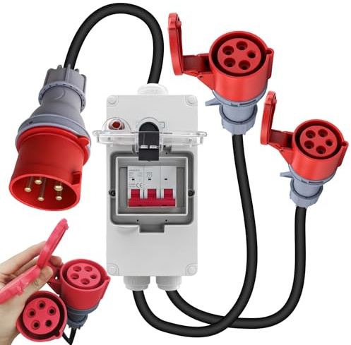 CEE Adapter 32A auf 16A, CEE Stecker Starkstromkabel Verlängerungskabel 220V-380V, IP44-66 Starkstrom Verteiler mit RCD Leitungsschutzschalter, 5 Pin Steckdose für Werkstatt, Baustelle