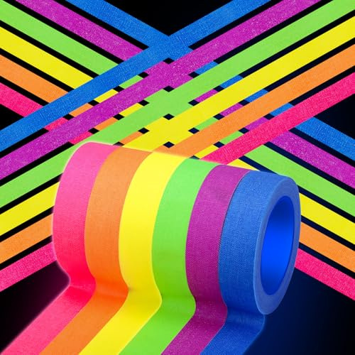 6 Rollen Neon Klebeband UV, 5m x 15mm Fluorescent Tape, Neon Klebeband Leuchtend, Fluorescent Leuchtband Reflektierend für Partydeko Handwerk (6 Farben, 5m pro Farbe)
