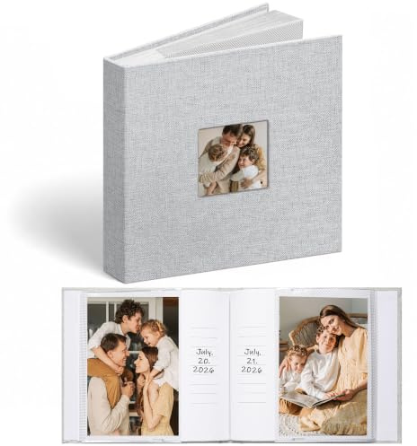 Vienrose Linen Photo Album 6x4 with Cover Window, 48 Pockets Acid-Free Pages Picture with Memo Areas, Memory Book Gift for Wedding, Family, Baby, Anniversary (Light Grey)