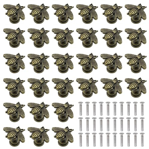 Neikafan Lot de 30 Poignées de Tiroir Abeille en Métal Bronze Antique - Poignées de Meuble Décoratives avec Vis Incluses pour Armoire, Commode, Décoration Maiso