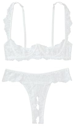 Lilosy Sexy Lingerie Set 2 Piece Women Outfit Bra and Panty Lace White M