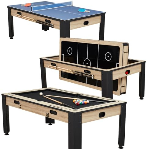 Catenaccio Table multijeux Adulte 4 en 1 Transformable – Billard Americain 7 ft, Air Hockey Électrique, Ping‑Pong & Convertible en Table à Manger – Design Industriel Bois Clair, Structure Robuste