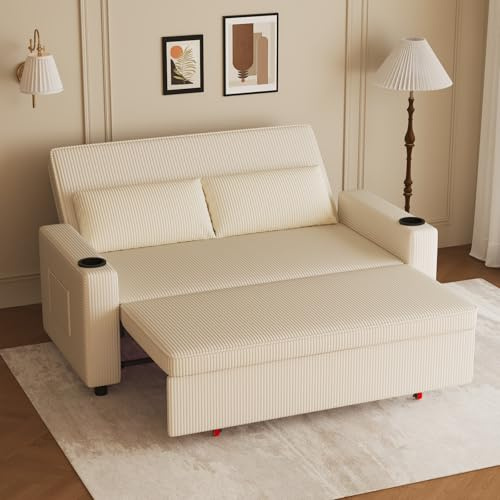 JUMMICO Schlafsofa 2 Sitzer klein Sofa mit Schlaffunktion Schlafcouch Ausziehbar mit Kissen Couch Cord-Bezug mit Getränkehalter Klappsofa Für Wohnzimmer Schlafzimmer,75 x 160 x 93 cm,Beige