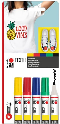 Marabu 0117000000080 - Textil Painter, Set Stoffmalstifte für helle Stoffe, auf Wasserbasis, Malspitze mit Strichstärke 2 - 4 mm, Set mit 5 Stiften in gelb, rot, grün, blau und schwarz