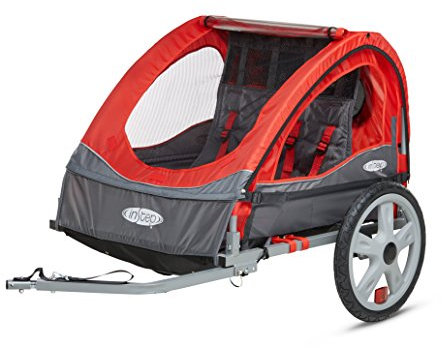 Instep Take 2 Double Seat Bike Child Trailer, Max Weight 80 lbs., 5-Point Harness, Folding Frame, Quick Release Wheels, Bug Screen & Weather Shield, Red