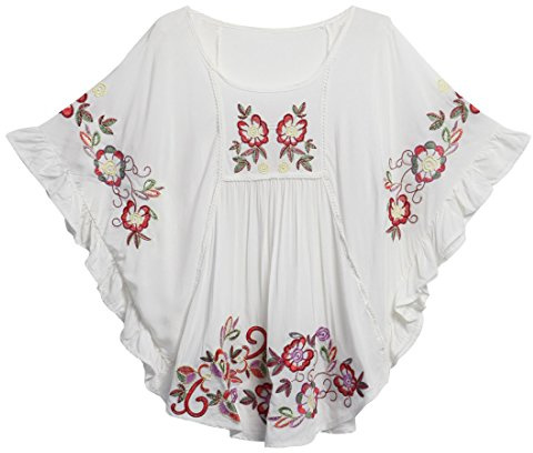 Kafeimali Women's Tops Batwing Floral Embroidered Loose Peasant Mexican Blouse (White)