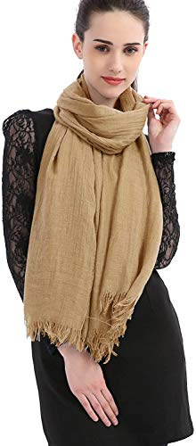 Longwu Cotton Linen Solid Scarf Wrap Shawls for Women Ladies Men(100cmx190cm) Super Large Size-For All Seasons-Great Christmas Presents-Khaki