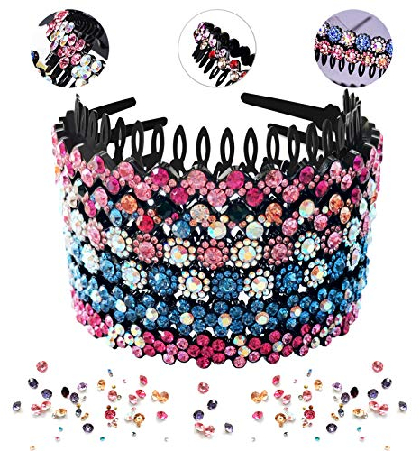 6er Pack Wave Strass Zähne Kamm Stirnbänder für Frauen, LUOLIPEYA Flower Crystal Haarband Haarbügel mit Zähnen rutschfestes Hartplastik 3 Muster (glänzend 6 Farben)