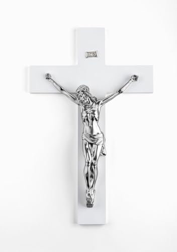 MAZZOLA LUCE Crocifisso di legno da parete classico 25x16 croce legno bianco cristo marmorino colore argento Made in Italy