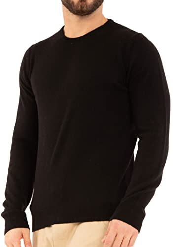 Marine Cashmere - O'Neck tillverkad av 100 % kashmir för män, tröja med rund hals, tillverkad i Italien, Onyx, L