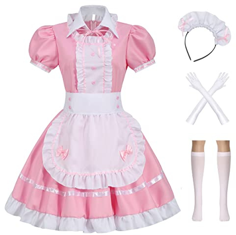 Colorful House Women's Cosplay French Apron Maid Fancy Dress Costume (3X-Large, Pink-6Pcs)