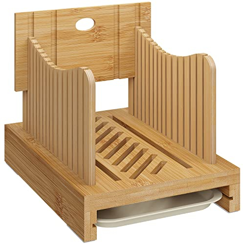 Bamboo Bread Slicer - Adjustable Width Guides. Sturdy Wooden Cutting Board. Easy Slicing for Homemade Bread, Bagels & More