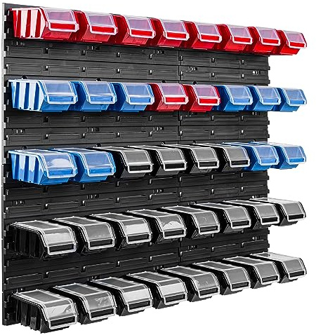 Lot de 40 boîtes de rangement empilables en plastique rouge noir bleu avec couvercle et panneau murale 96,5 x 78 cm, bacs a bec a accrocher pour clous vis, garage, atelier