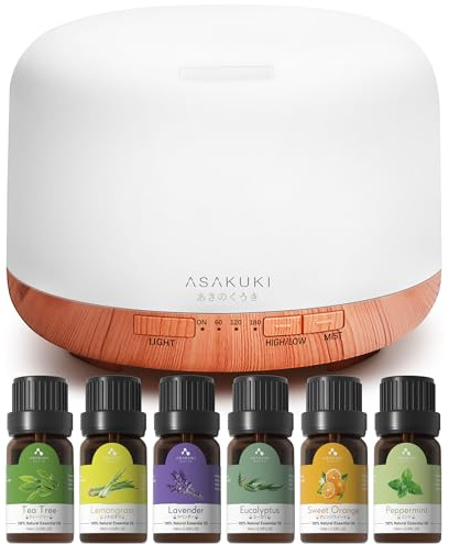 ASAKUKI 500ml Essential Oil Diffuser with 6*10ml Oils Set, Oil Diffusers Cool Mist with Remote Control, 14 LED Colours, Auto Shut Off & Timer for Home Bedroom Office, Aroma Diffuser Gifts Set for Mom