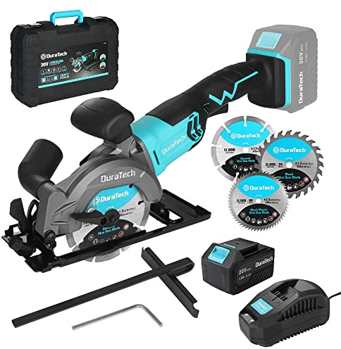 DURATECH Mini Circular Saw, 20V 4-1/2 Cordless Circular Saw with 4.0Ah Battery, Fast Charger, 3PCS Blades, 3600RPM, Max Cutting Depth 1-11/16(90°),1-1/8(45°), for Tiles, Wood, Soft Metal, Plastic