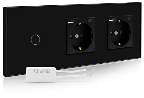 BSEED Dimmer Schalter mit Doppel USB Steckdose Anschluss (Max. 2.1A) Typ C Port 1 Fach 2 Wege Led Dimmer Schalter mit Touchscreen Wandsteckdosen mit USB Steckdose Touch Lichtschalter Schwarz