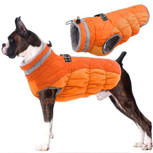 Lelepet Dog Coat Warm Dog Winter Coat Waterproof Dogs Jacket with Harness Built in Reflective Pet Fleece Vest Zip-Up Cold Weather Coats for Small Medium Large Dogs Turtleneck Windproof Blaze Orange L
