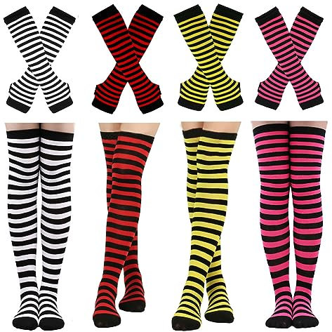 Barrlves 4 Sets Womens Striped Knee High Socks Long Knit Arm Warmers Fingerless Gloves for Halloween Costume (4sets Striped Grey+Red+Green+Yellow)