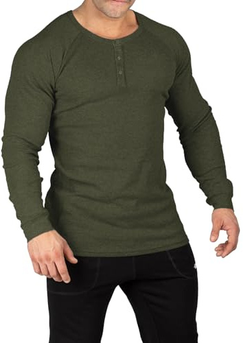 Muscle Cmdr T Shirt Uomo Maglietta a Maniche Lunghe Casual Waffle Henley Maglietta Regular Sottile e Traspirante Verde L