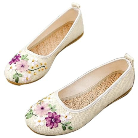 Zapatos Bordados para Mujer Pisos De Mujer Bordados Flor Resbalón En Tela De Algodón Lino Bailarina Cómoda Zapatos Planos Sapato Feminino Tacones Bordados (Color : Red, Size : 4)