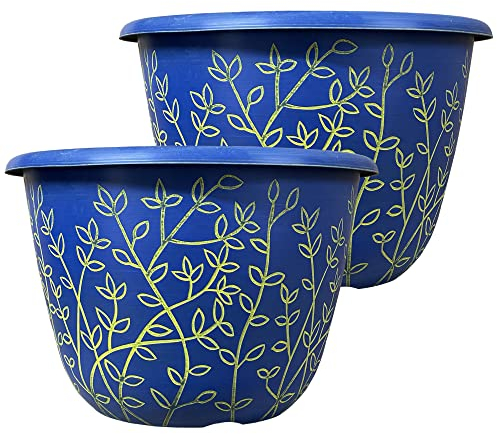 SG Traders Premium Plastic Plant Pots | UV & Weather-Resistant Plant Pots Outdoor | Elegant Design, Lightweight, Durable & Eco-Friendly | (Blue/Yellow, Pack of 2)