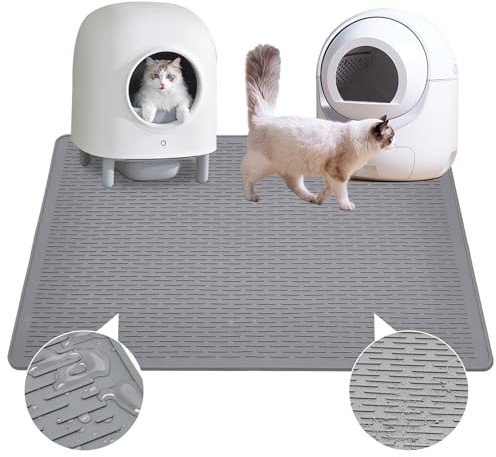 Iptienda Katzenklo Matte, 100x68cm Katzenmatte Katzenklo Wasserdicht, Katzenstreu Matte aus Premium-Silikon, Unterlage Katzenklo Katzenklo Mattes Futtermatte Silikon Rutschfest (Grau)