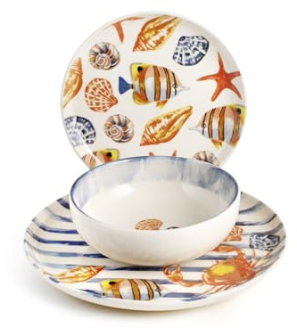H&H – Vajilla de 18 piezas Playa, stoneware decorado, platos llanos, hondos y de postre, apta para microondas y lavavajillas