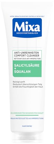 Mixa Anti-Unreinheiten Comfort Cleanser, Für zu Akne neigende und sensible Haut, Glättet das Erscheinungsbild der Poren, Mit Salicylsäure und Squalan, Geeignet für Gesicht & Hals, Hypoallergen, 150 ml