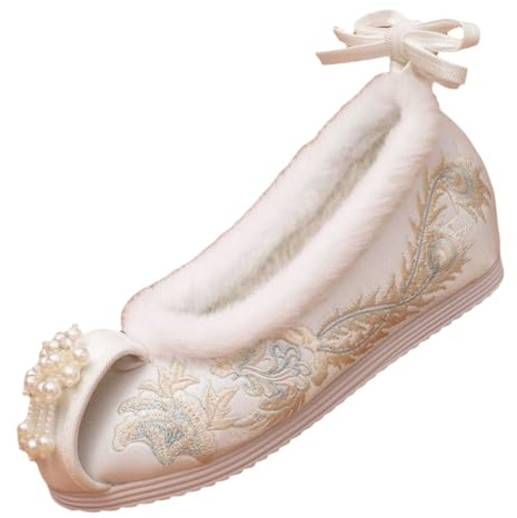 Lazutom Women Embroidered Cotton Hanfu Shoes Winter Warm Plush Lined Vintage Slip On Shoes with Tassels & Beads (White, US Footwear Size System, Adult, Women, Numeric, Medium, 6.5)