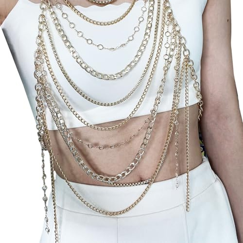 YUPEIUKLI Collana con Catena per Il Corpo in Cristallo con Strass a Strati per Donna, Catena per Il Petto con Scollo all'Americana, Accessorio per Gioielli da Club