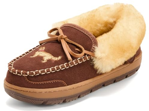 Dearfoams Women's Gladstone Genuine Shearling Moccasin, Potting Soil, 10