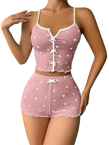 GIVTULIP Due Pezzi Completo Elegante Pigiama Corto Pigiami Sexy Biancheria da Notte Senza Maniche Camisole Pantaloncini Estivo Indumenti Notte Pizzo Canotta con Spalline Scollo V Completo Negligee