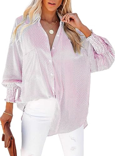 Chicrise Camicia da Donna a Righe, a Maniche Lunghe, Oversize, Leggera, con Tasca, Basic Casual, Colore: Rosa., S