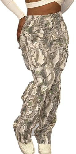 pnahip Camo Cargo Pants for Women Casual Baggy Straight Wide Leg Camouflage Pants Streetwear Trousers, Brown, XL