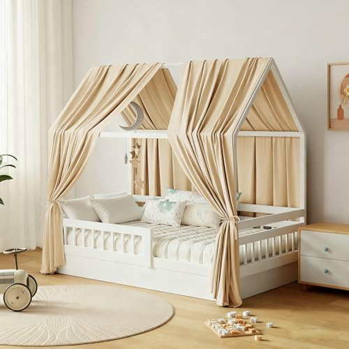 GFCC Ciel de Lit Cabane Ensemble de Décoration avec 2 Pièces Rideaux Lit Cabane Enfant Baldaquin Ciel en Tissu de Maison Chambre pour Fille Garçon,62 x 270 cm Beige