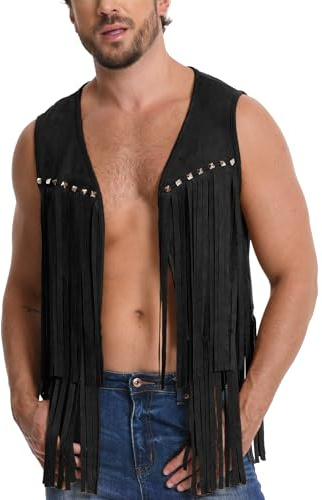 Ausing Men's Cowboy Fringe Gilet Sleeveless Tassel Jacket Coat Cowboy Open Front Cardigan Casual Vintage Western Hippie Waistcoat Fashion Rivet Vest S-2XL