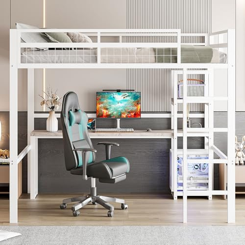Kebnor Cama alta con estructura de hierro, varios estantes, escritorio con enchufe, con USB Type-C, barandilla, escalera de mano, color blanco, 140 x 200 cm (sin colchón)