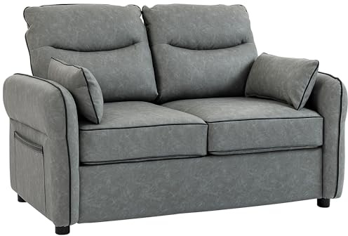 HOMCOM 2 Seater Sofa, Modern Loveseat with Thick Cushion, High-Resilience Foam, Side Pockets, Quick Assembly, Pillows, Faux Leather Sofa for Living Room, Bedroom, Home Office, Grey