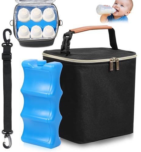 Breast Milk Cooler Travel Bag, Double Layer Breastmilk Cooler Bag with Ice Pack and Adjustable Straps Insulated Baby Bottle Bags Fits 6 Bottles Up To 9 Ounce for Nursing & Working Mom