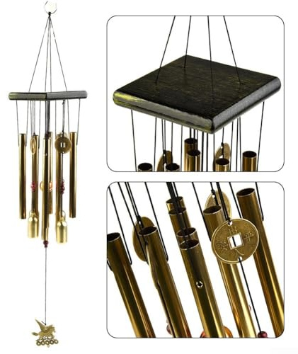 Grand carillon éolien en métal avec fil de cuivre pour décoration extérieure, cour, jardin, maison, doré