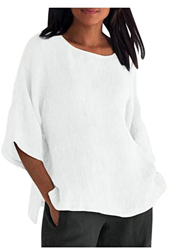 Linen Tops Women UK Oversized, Ladies Cotton Linen T Shirts Crewneck Plain 3/4 Sleeve Tshirts Casual Loose Gym Three Quarter Sleeve Blouses Solid Color Summer Tee Shirt Plus Size S-5XL