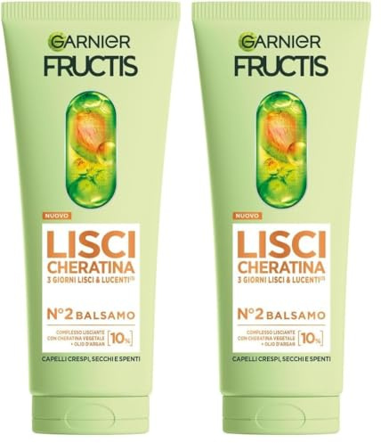 Garnier Fructis Balsamo, Per Capelli Lisci e Lucenti a Lungo, Effetto Anti-Crespo, Trattamento Lisciante alla Cheratina Vegetale e Olio di Argan, Lisci Cheratina, 200 ml (Confezione da 2)
