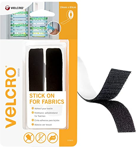 VELCRO® Brand | Stick On for Fabrics | High Quality, Multipurpose No-Sew Hook and Loop Fabric Adhesive with Sticky Back Perfect Solution for Secure Repairs, Clothing & Hemming | Black | 19mm x 60cm