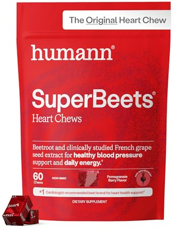 Humann SuperBeets Heart Chews, Beet Root Powder Support Energy Supplement, Nitric Oxide and Blood Pressure Support, Grape Seed Extract & Non-GMO, Heart Health, Pomegranate Berry Flavor, 60 Count